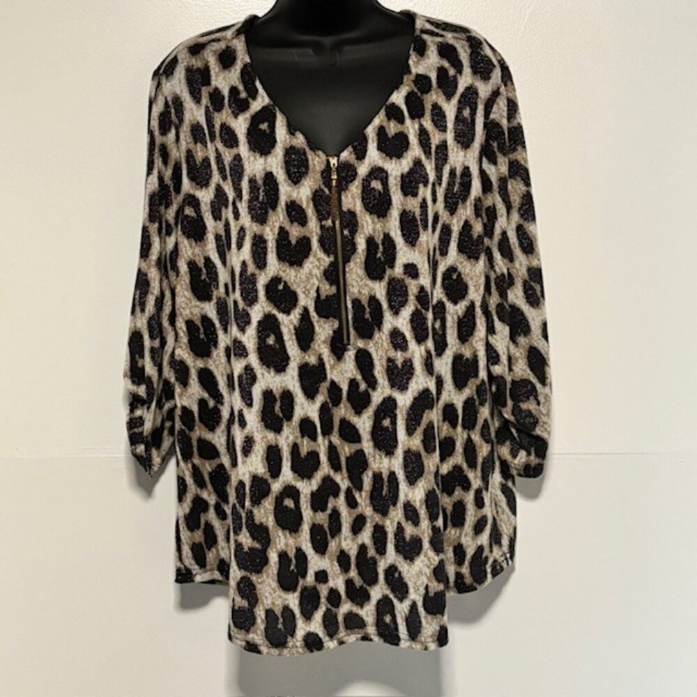 Rebecca Malone Plus 1X Sheer Cheetah Black Brown Metallic Zip Top Retro Glam
